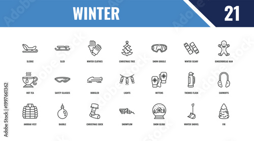 winter outline icon set. linear vector for ui, web and mobile. thin line sled, gingerbread man, mittens icons.