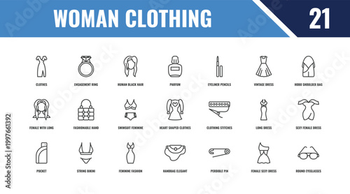woman clothing outline icon set. linear vector for ui, web and mobile. thin line engagement ring, hobo shoulder bag, clothing stitches icons.