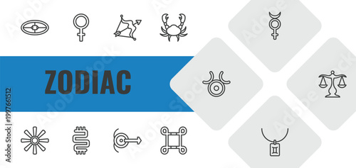 zodiac outline icon set. linear vector for ui, web and mobile. thin line ingenuity, venus, sagittarius icons.
