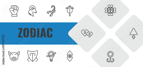 zodiac outline icon set. linear vector for ui, web and mobile. thin line strength, aries, scorpio icons.