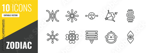 zodiac outline icon set. 10 linear vector for ui, web and mobile. thin line still, craftiness, fortitude icons.