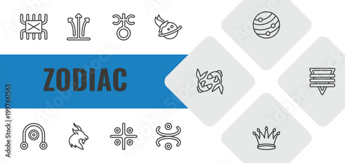 zodiac outline icon set. linear vector for ui, web and mobile. thin line lifes challenges, tartar, antimony icons.