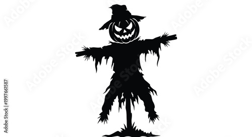 scarecrow silhouette with pumpkin head on white background