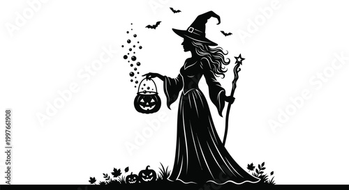 witch silhouette holding pumpkin lantern and wand