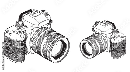 Professional DSLR cameras in isometric view isolated on white background as detailed black and white line art vector illustration World Photography Day