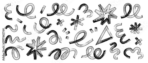 Black hand drawn marker shapes set with X-ray effect. Bold abstract doodles, thick brush strokes, swirls and geometric elements in expressive marker style for posters, banners and graphic compositions
