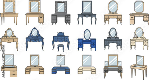 Set of Various Dressing Tables and Vanity Mirrors Featuring Classic Vintage Styles Modern Makeup Desks and Elegant Beauty Furniture for Bedroom Interior Design Projects