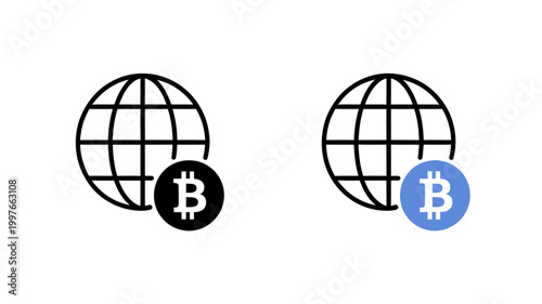 Bitcoin cryptocurrency symbol with globe icons on white background