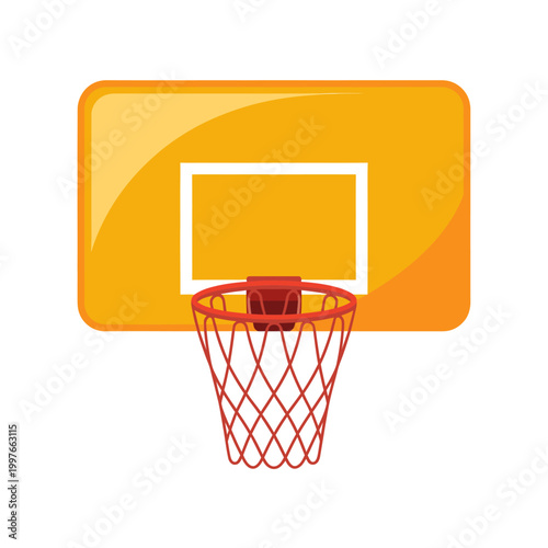 Basketball hoop with orange backboard and red net on white background