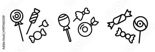 Sweet candy web line icons set lollipop chocolate birthday party dessert sugar treats web line icons set & more vector illustration on editable stroke