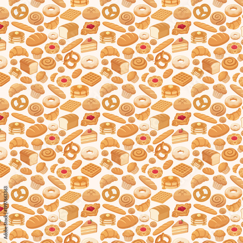 Seamless bakery pattern with bread croissant waffle donut and pastry for food packaging and cafe branding