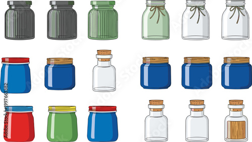 Array of Various Glass Jars and Small Bottles Featuring Cork Stoppers Screw Caps and Decorative Ribbons for Kitchen Storage and Craft Packaging Designs