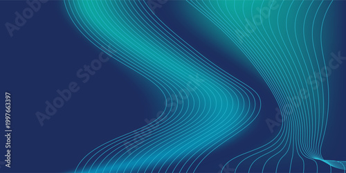 Dynamic abstract blue and green gradient background featuring elegant flowing white lines, ideal for modern technology presentations, corporate branding, or digital art projects