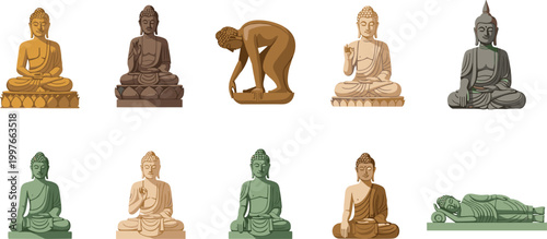 Set of Various Buddha Statues Featuring Different Mudras and Poses Including Sitting Meditating and Reclining Styles for Spiritual Peace and Zen Culture Graphic Designs