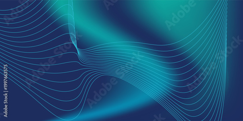 Dynamic abstract blue and green gradient background featuring elegant flowing white lines, ideal for modern technology presentations, corporate branding, or digital art projects