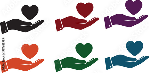 Hands holding hearts a symbol of love care and compassion in various colors