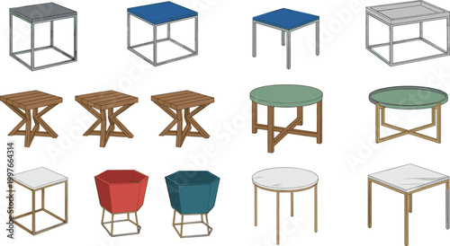 Set of Modern Side Table Illustrations Featuring Minimalist Geometrical Designs with Metal and Wooden Frames for Contemporary Interior Decor and Furniture Graphic Projects
