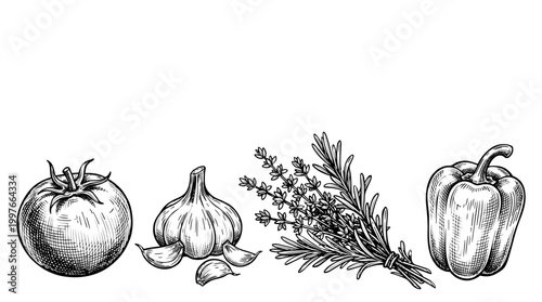 Hand Drawn Food Ingredients Line Black and White Banner with Copy Space