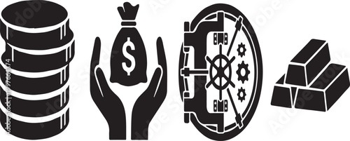 Financial Mindset and Wealth Management Silhouettes with Juggling Coins and Money Box.