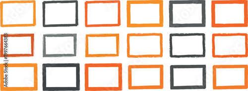 Rectangular Grunge Brush Stroke Frame Vector Set. Orange, Grey, and Red Distressed Border Textures for Abstract Graphic Design.