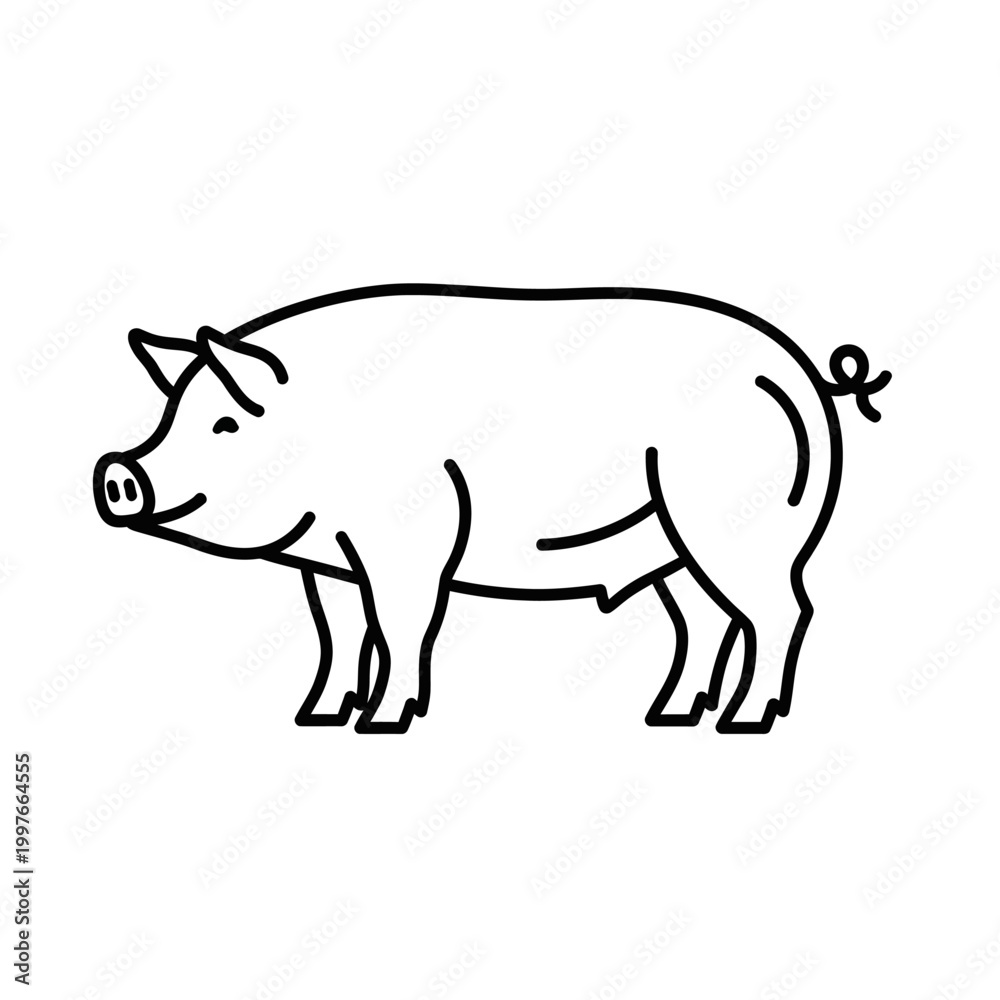 Fototapeta premium Simple black and white line drawing of a pig in profile, side view.