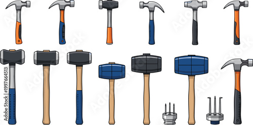Set of Hammer Illustrations Featuring Various Types Including Claw Hammer Sledgehammer and Mallet with Rubber and Wooden Handles for Construction Carpentry and Hardware Graphic Designs