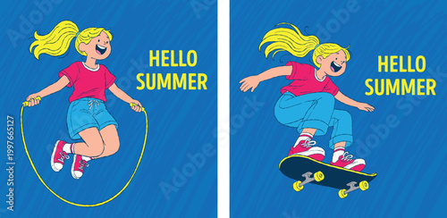 Bright and playful summer handdrawn illustration featuring a happy girl enjoying outdoor activities for seasonal designs, kids content, and lifestyle themes.