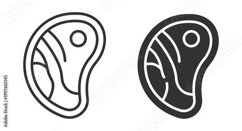 Meat steak icon set, black and white line art and solid style vector illustration on transparent background