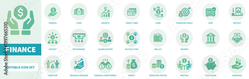 Set of flat finance and banking vector icons featuring revenue growth, digital wallet, investment, and global monetary system symbols