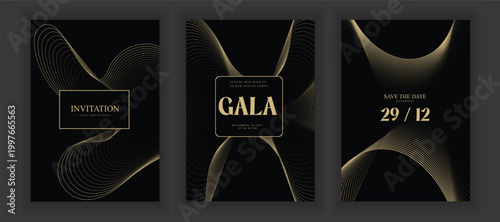 Minimal Luxury Black Gold Gala Invitation, Creative Art Deco Geometric Background, Elegant Event Card Template Vector Illustration
