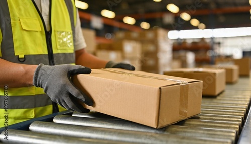 Logistics worker sorting packages on conveyor belt in warehouse