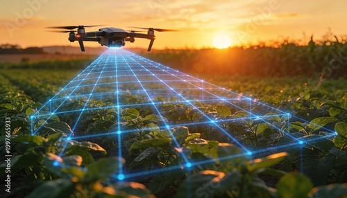 Drone utilizing precision technology for smart agriculture at sunset