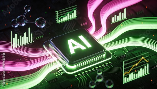 Futuristic ai chip with vibrant data streams and molecular structures symbolizing technology advancement