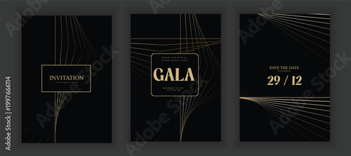 Minimal Luxury Black Gold Gala Invitation, Creative Art Deco Geometric Background, Elegant Event Card Template Vector Illustration