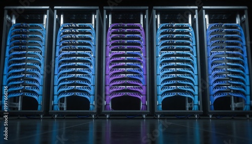 Vibrant data center with colorful network cables and modern server racks