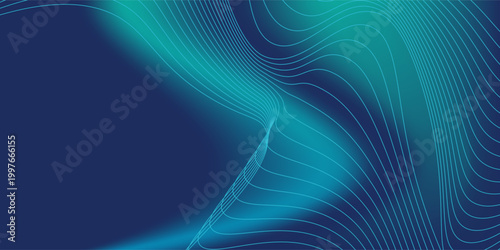 Dynamic abstract blue and green gradient background featuring elegant flowing white lines, ideal for modern technology presentations, corporate branding, or digital art projects