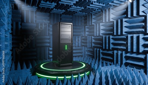 Futuristic server in soundproof room with acoustic foam and neon lighting