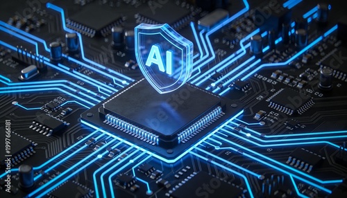 Futuristic ai processor on circuit board highlighting digital security and innovation