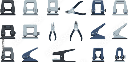 Set of Office Stationery Illustrations Featuring Various Paper Hole Punchers Staplers and Pliers for Document Management School Supplies and Workspace Organization