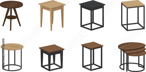Set of Side Table Illustrations Featuring Various Modern and Industrial Furniture Designs Including Nesting Tables and End Tables for Interior Home Decor Graphic Projects