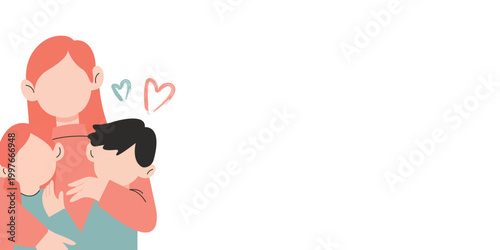 Flat vector illustration of a loving mother hugging her children