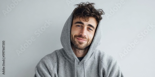 Portrait of a Handsome Young Man in Hoodie on White Background
