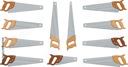 Set of Hand Saw Illustrations Featuring Traditional Woodworking Tools with Wooden Handles in Various Angles and Poses for Carpentry Construction and Hardware Graphic Designs