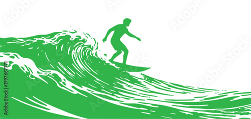 Illustration green silhouette vector of surfing in the waves	