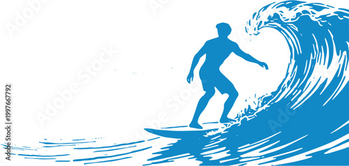 Illustration blue silhouette vector of surfing in the waves	