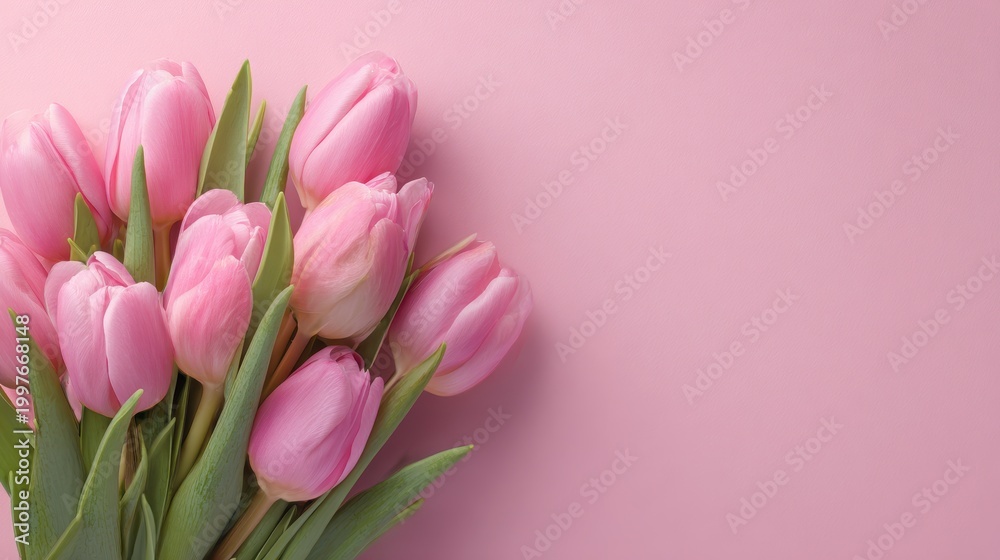 Fototapeta premium Delicate pink floral bouquet with empty space above for a birthday celebration banner
