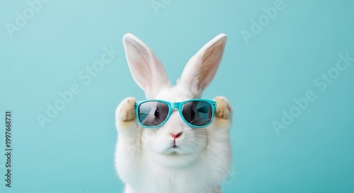 Cool rabbit with sunglasses a stylish bunny portrait on a light blue background