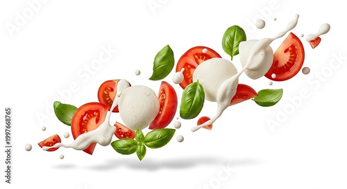 Caprese salad ingredients in mid air a vibrant italian food still life