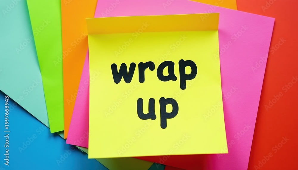 Fototapeta premium Yellow sticky note with words wrap up on colorful paper. Reminder for project deadline or end of meeting. Task completion reminder or summary note for planning.