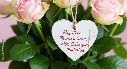 Romantic gesture pink roses and a heart shaped tag for mother's day